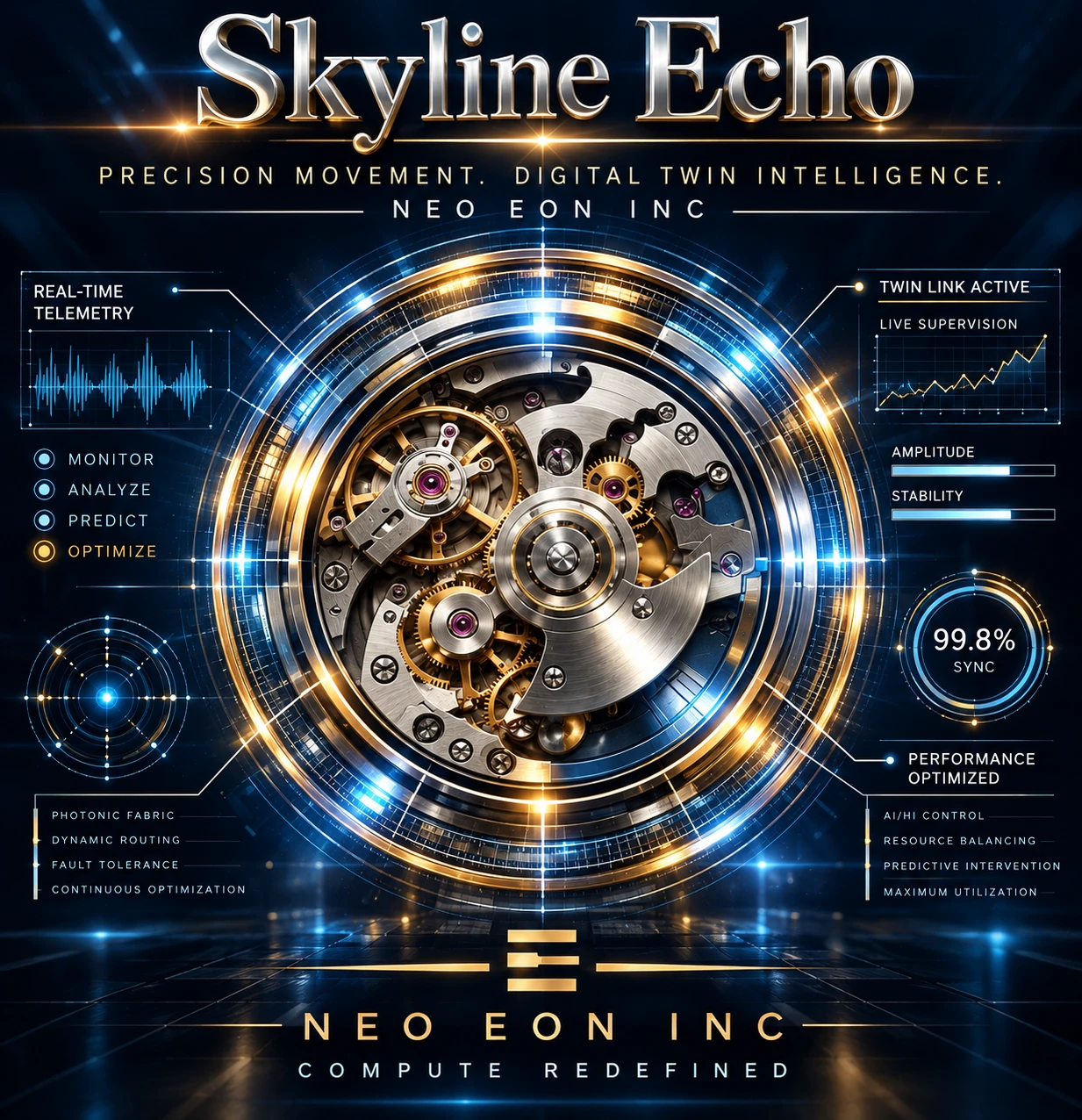 Skyline Echo conceptual artwork with precision movement and digital twin motifs